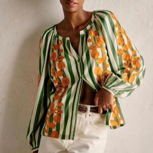 Sezane Anya Blouse Green With Ochre Embroidery - Size 10